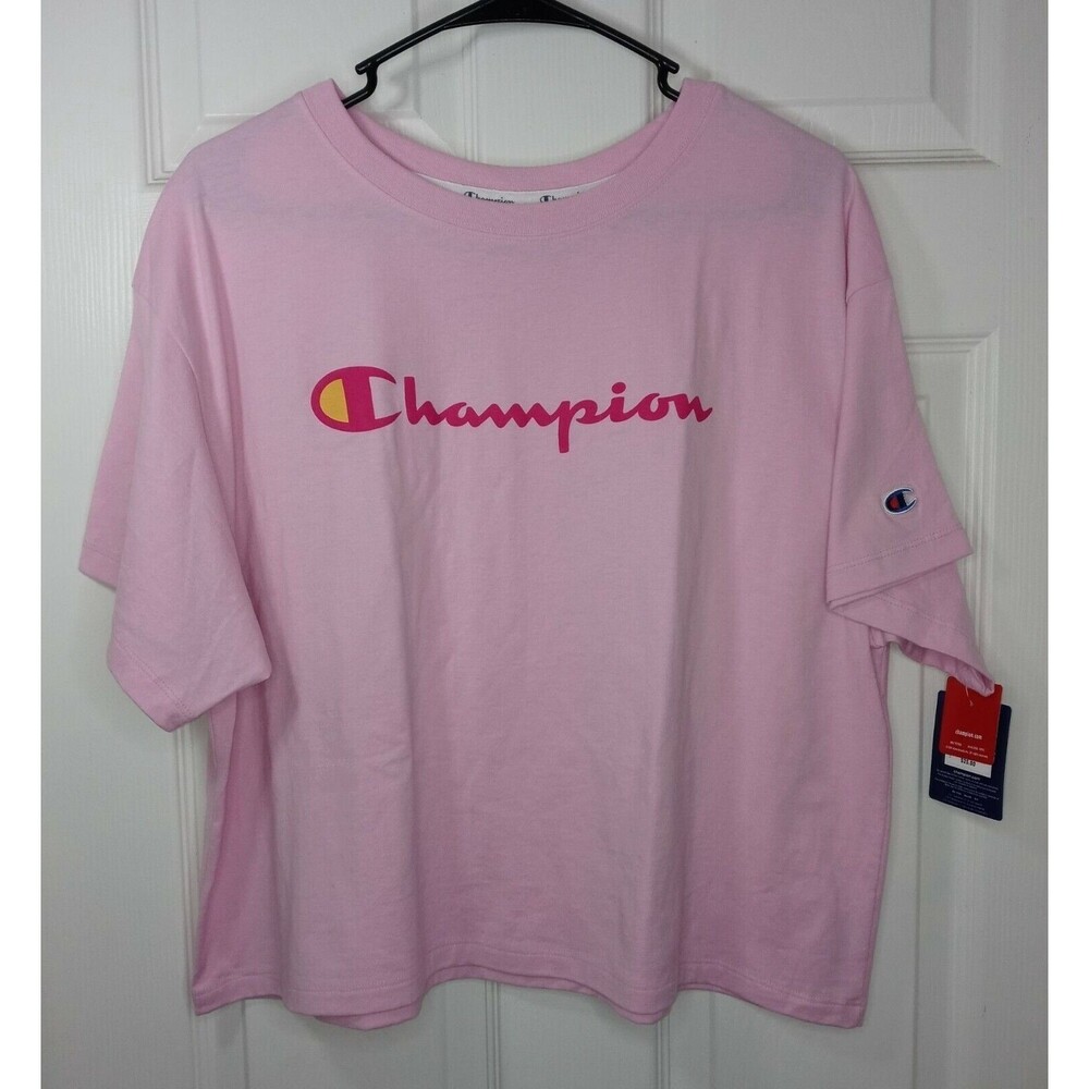 Womens XL Champion Script Logo Cropped Tee Soft Cotton Crew neck T-Shirt